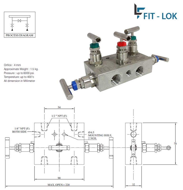 Diagram of Monel 5 Way Manifold Valve